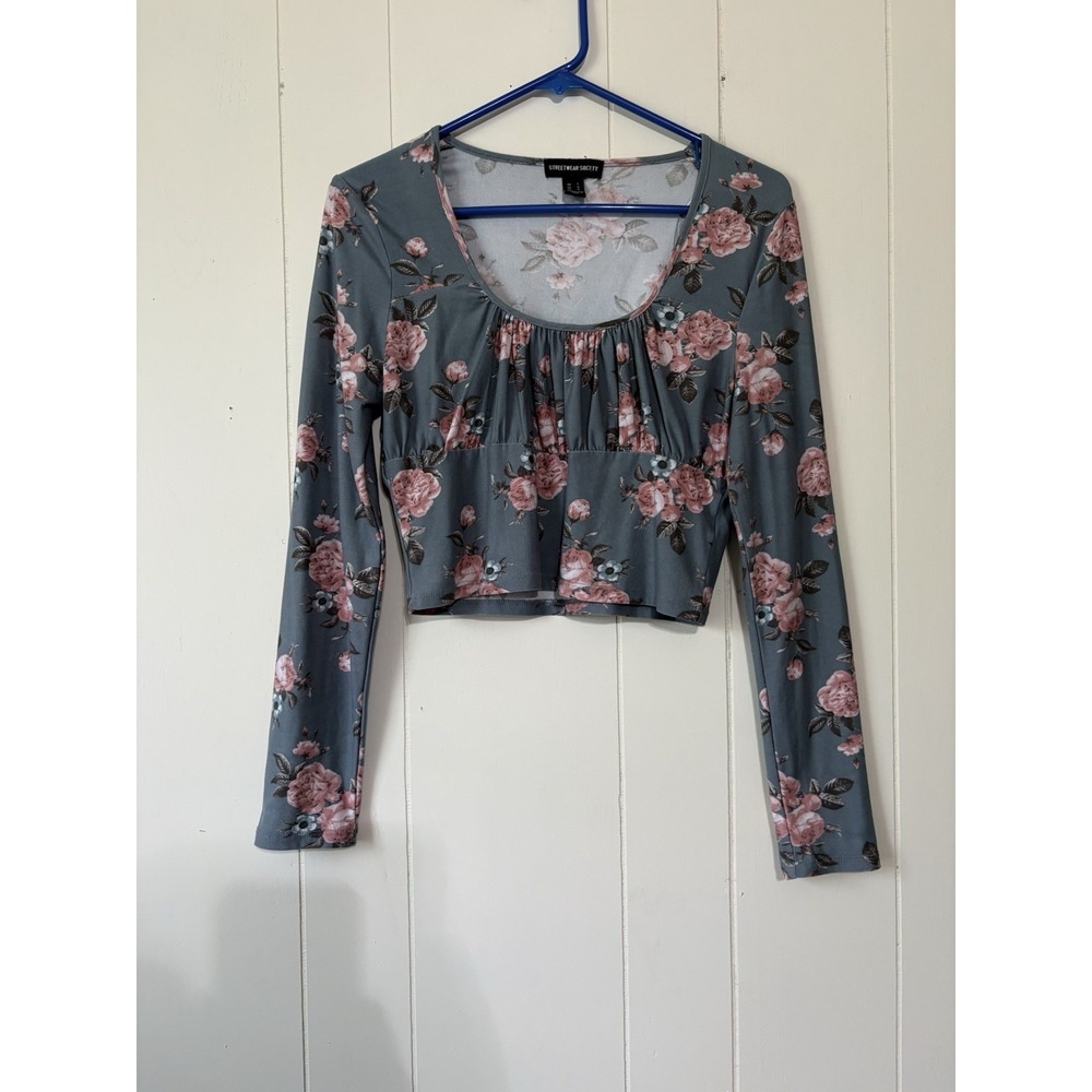 Streetwear Society Womens L Gray Floral Crop Top Long Sleeve Empire Waist Blouse